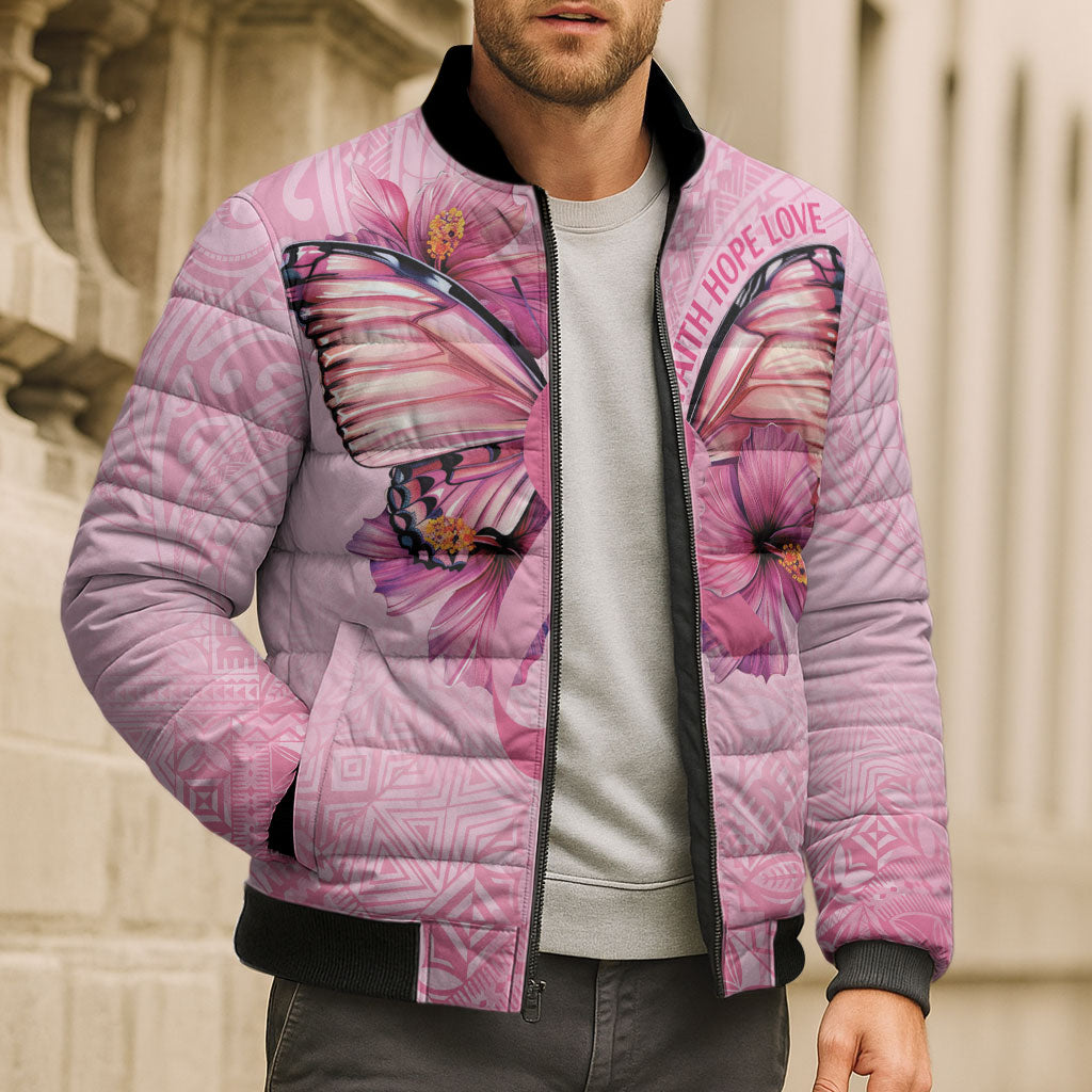 Faith Hope Love Butterfly Pink Ribbon Personalised Bomber Puffer Jacket Polynesian Tribal Pattern