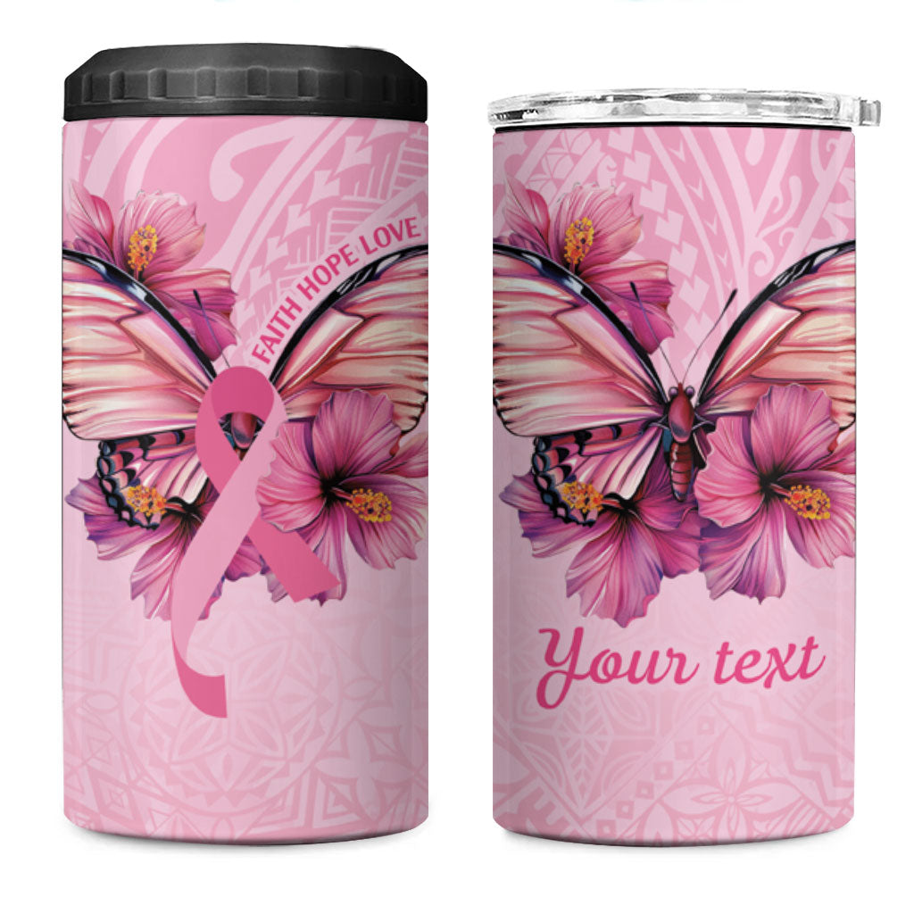 Faith Hope Love Butterfly Pink Ribbon Personalised 4 in 1 Can Cooler Tumbler Polynesian Tribal Pattern
