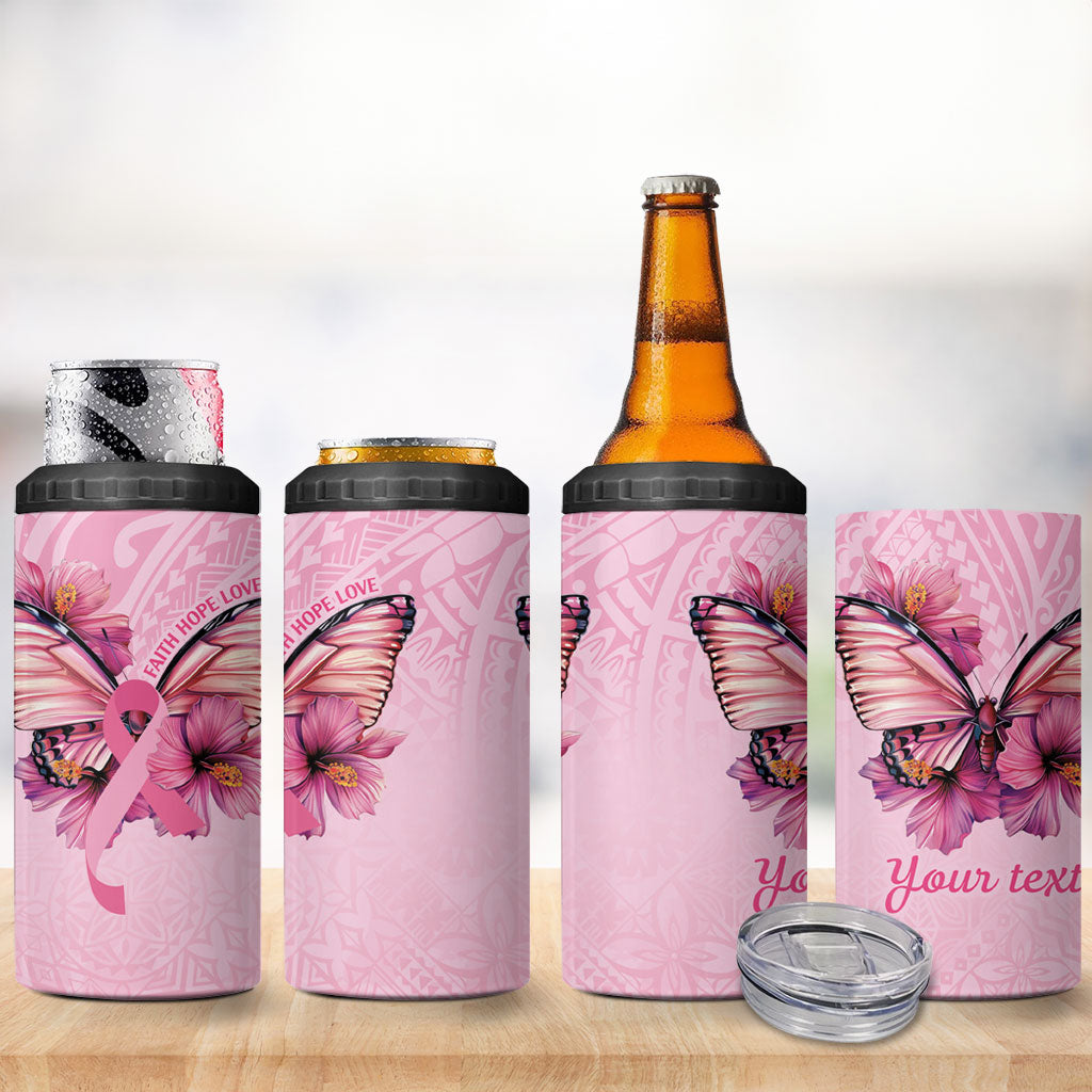 Faith Hope Love Butterfly Pink Ribbon Personalised 4 in 1 Can Cooler Tumbler Polynesian Tribal Pattern