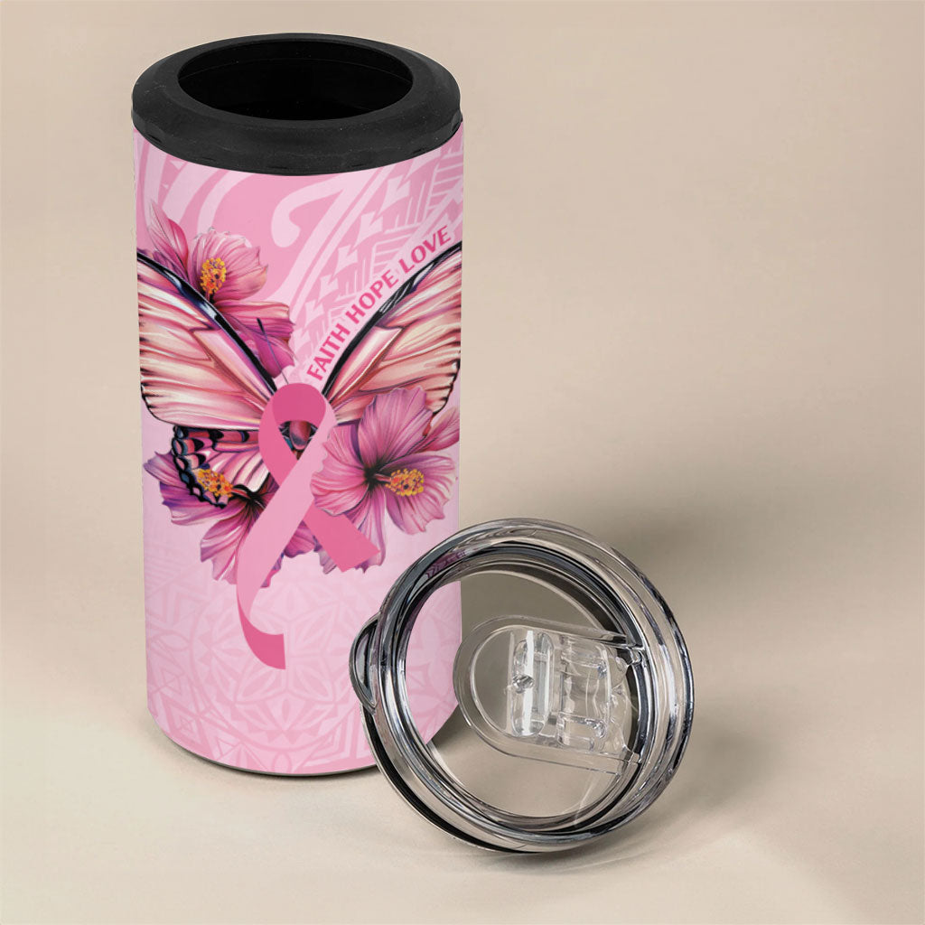 Faith Hope Love Butterfly Pink Ribbon Personalised 4 in 1 Can Cooler Tumbler Polynesian Tribal Pattern