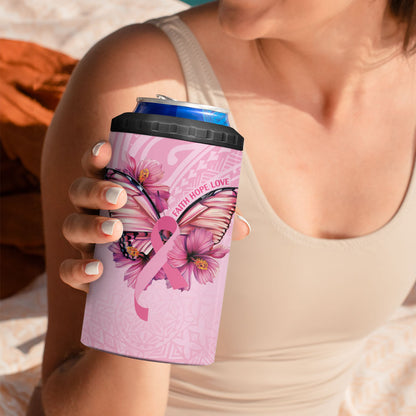 Faith Hope Love Butterfly Pink Ribbon Personalised 4 in 1 Can Cooler Tumbler Polynesian Tribal Pattern