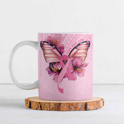 Faith Hope Love Butterfly Pink Ribbon Personalised Ceramic Mug Polynesian Tribal Pattern