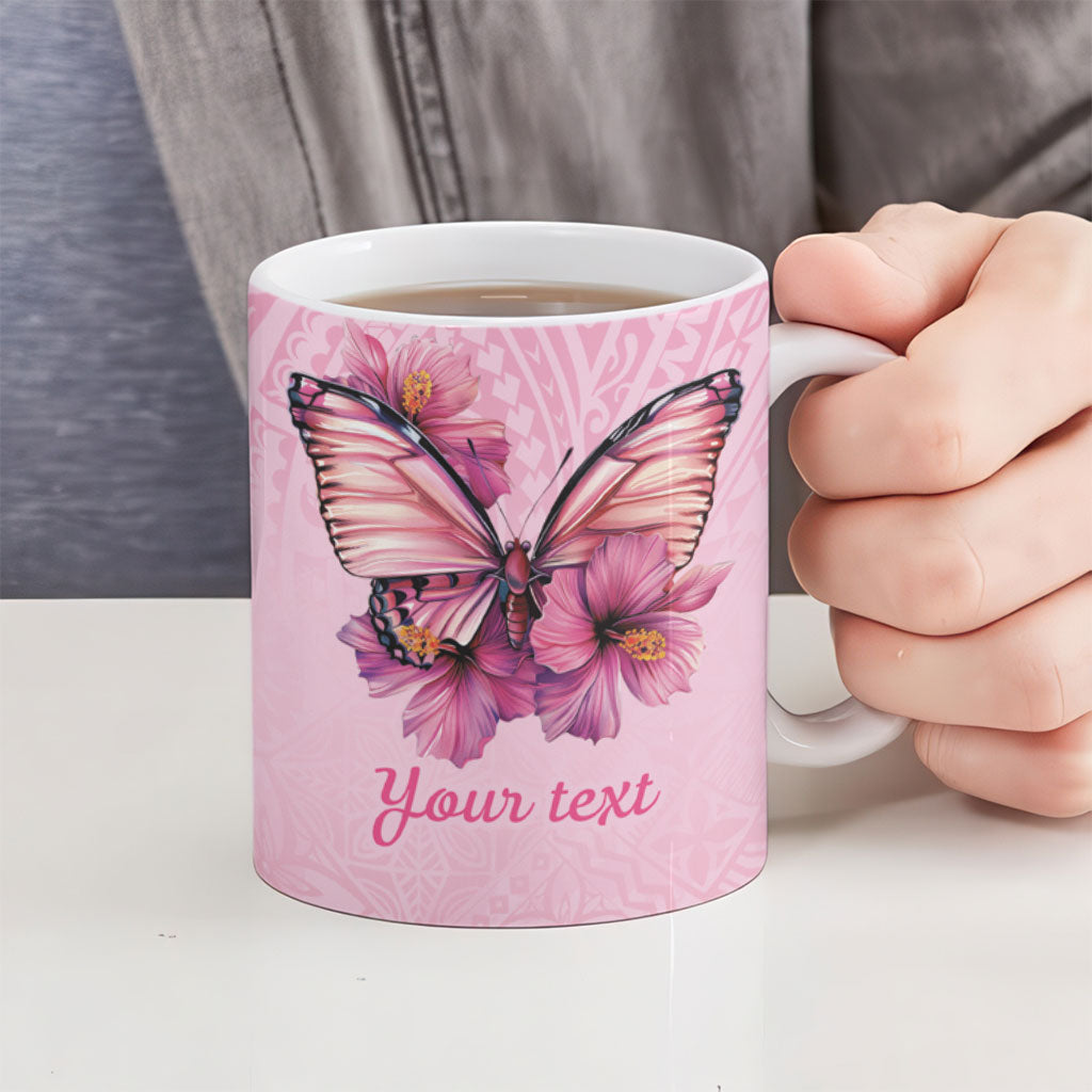 Faith Hope Love Butterfly Pink Ribbon Personalised Ceramic Mug Polynesian Tribal Pattern