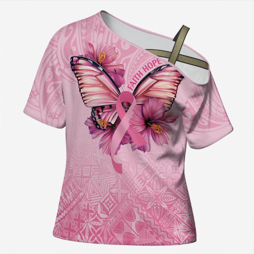 Faith Hope Love Butterfly Pink Ribbon Personalised Cross Shoulder Shirt Polynesian Tribal Pattern