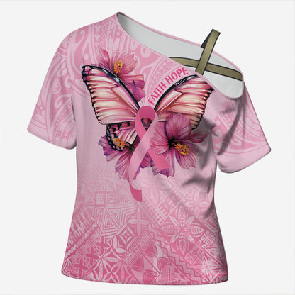 Faith Hope Love Butterfly Pink Ribbon Personalised Cross Shoulder Shirt Polynesian Tribal Pattern