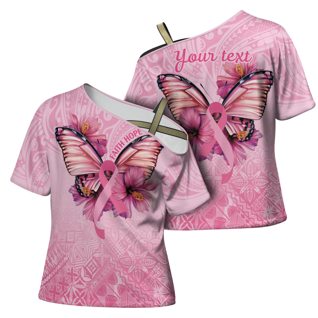 Faith Hope Love Butterfly Pink Ribbon Personalised Cross Shoulder Shirt Polynesian Tribal Pattern