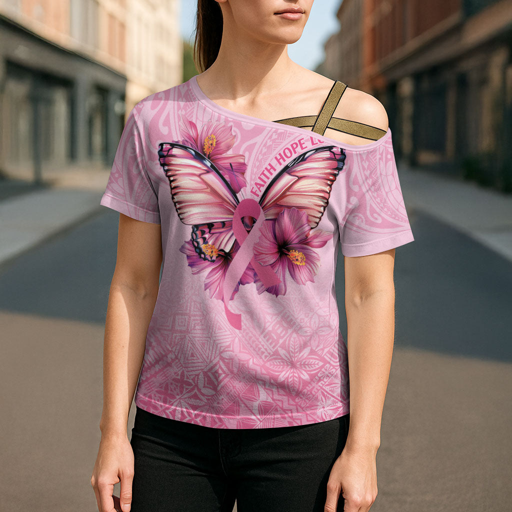 Faith Hope Love Butterfly Pink Ribbon Personalised Cross Shoulder Shirt Polynesian Tribal Pattern