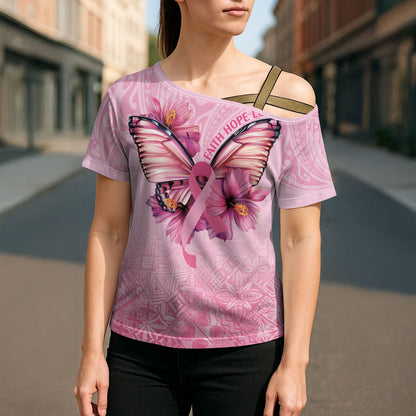 Faith Hope Love Butterfly Pink Ribbon Personalised Cross Shoulder Shirt Polynesian Tribal Pattern