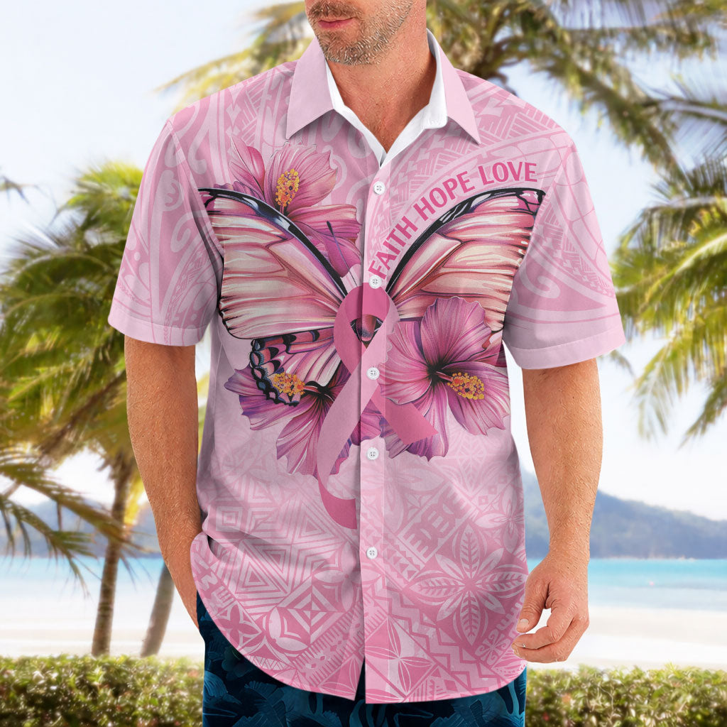 Faith Hope Love Butterfly Pink Ribbon Personalised Hawaiian Shirt Polynesian Tribal Pattern