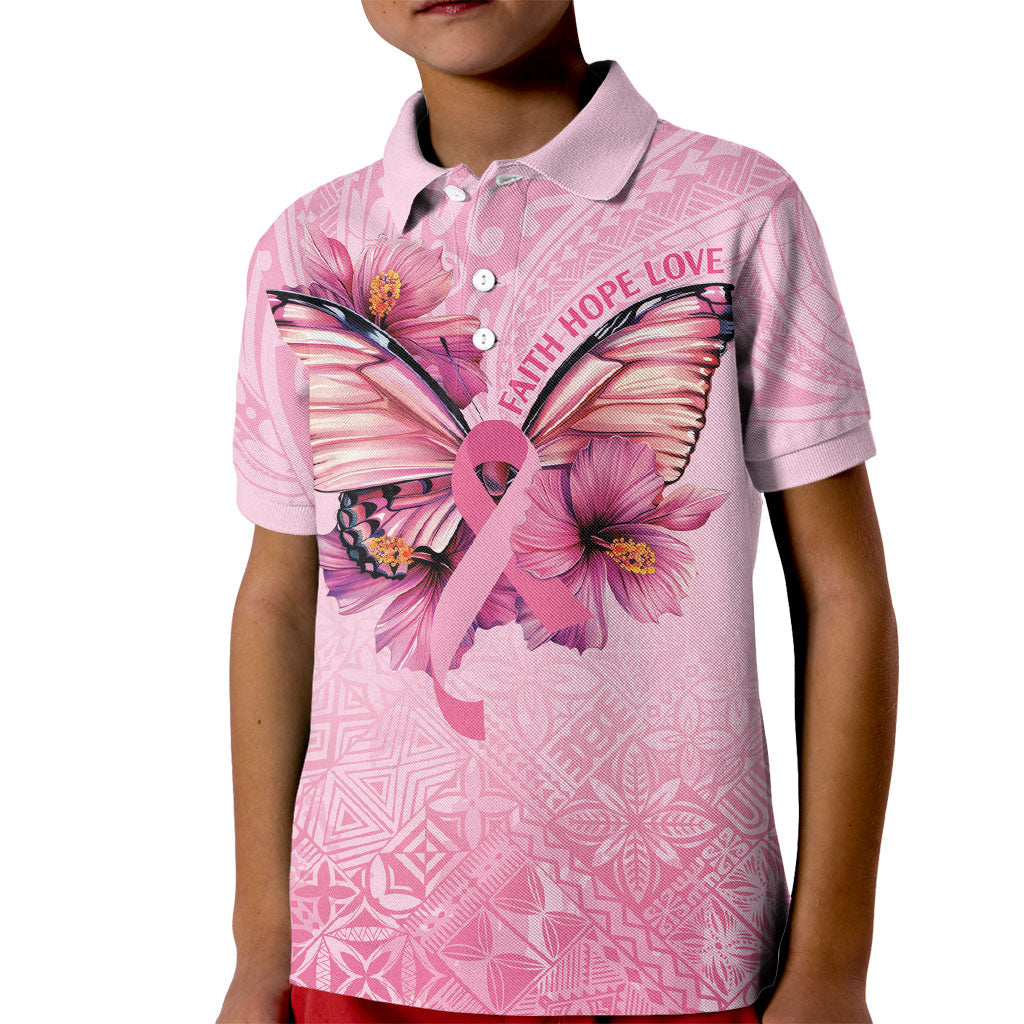 Faith Hope Love Butterfly Pink Ribbon Personalised Kid Polo Shirt Polynesian Tribal Pattern
