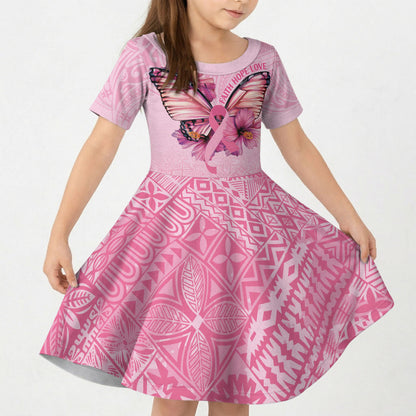 Faith Hope Love Butterfly Pink Ribbon Personalised Kid Short Sleeve Dress Polynesian Tribal Pattern