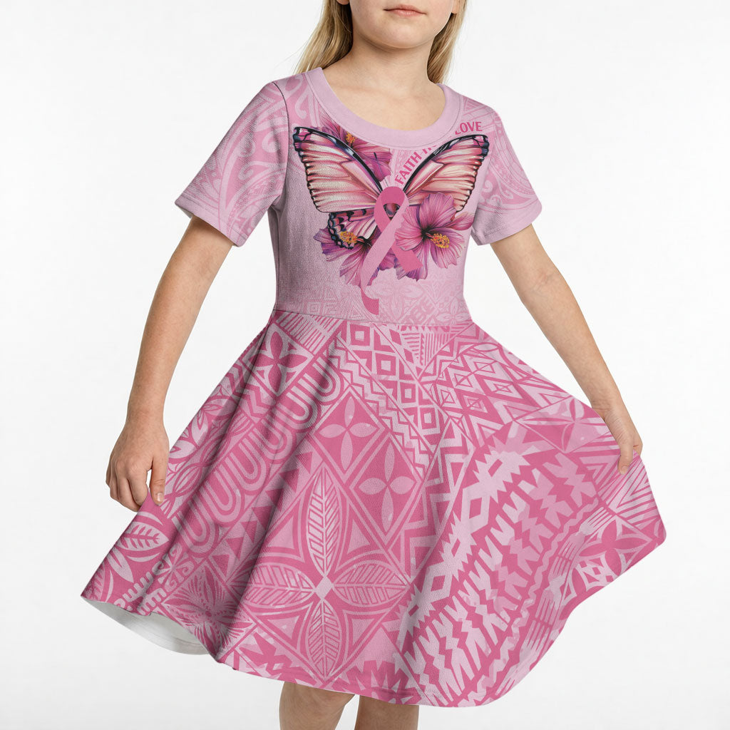Faith Hope Love Butterfly Pink Ribbon Personalised Kid Short Sleeve Dress Polynesian Tribal Pattern