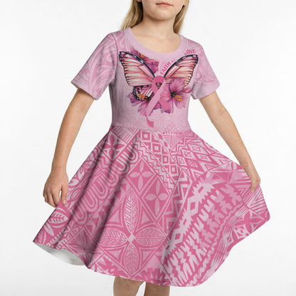 Faith Hope Love Butterfly Pink Ribbon Personalised Kid Short Sleeve Dress Polynesian Tribal Pattern