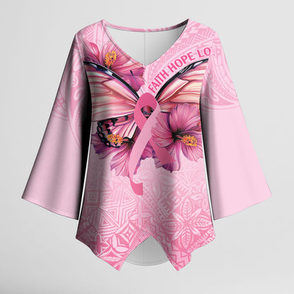 Faith Hope Love Butterfly Pink Ribbon Personalised Kimono Sleeve Blouse Polynesian Tribal Pattern