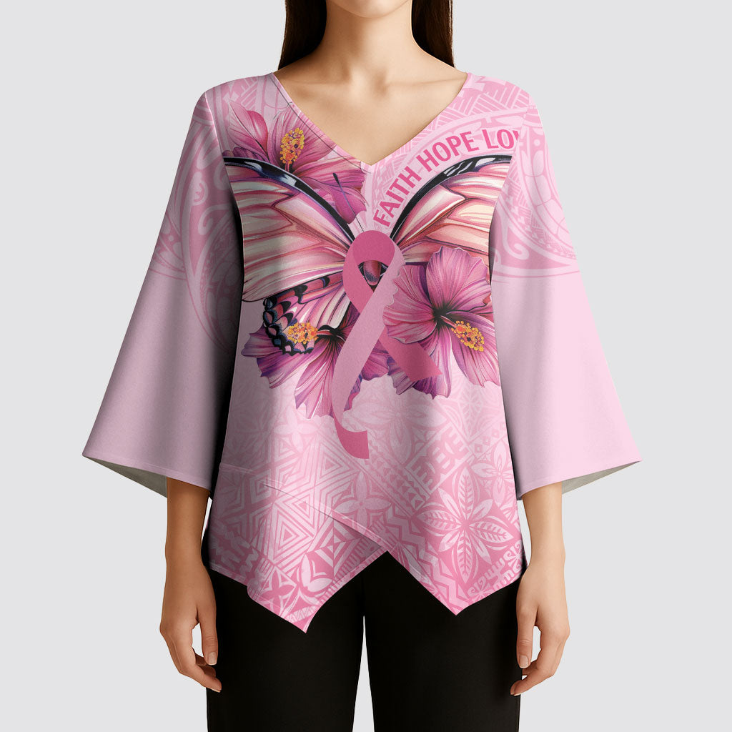 Faith Hope Love Butterfly Pink Ribbon Personalised Kimono Sleeve Blouse Polynesian Tribal Pattern