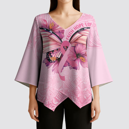 Faith Hope Love Butterfly Pink Ribbon Personalised Kimono Sleeve Blouse Polynesian Tribal Pattern