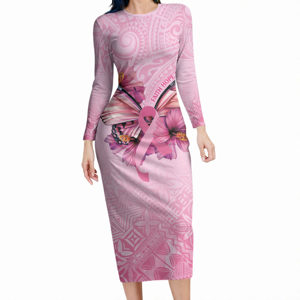 Faith Hope Love Butterfly Pink Ribbon Personalised Long Sleeve Bodycon Dress Polynesian Tribal Pattern