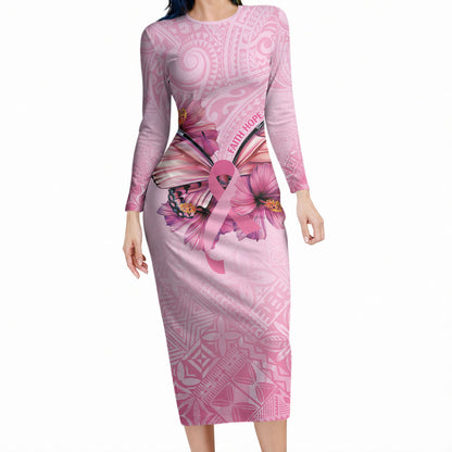 Faith Hope Love Butterfly Pink Ribbon Personalised Long Sleeve Bodycon Dress Polynesian Tribal Pattern