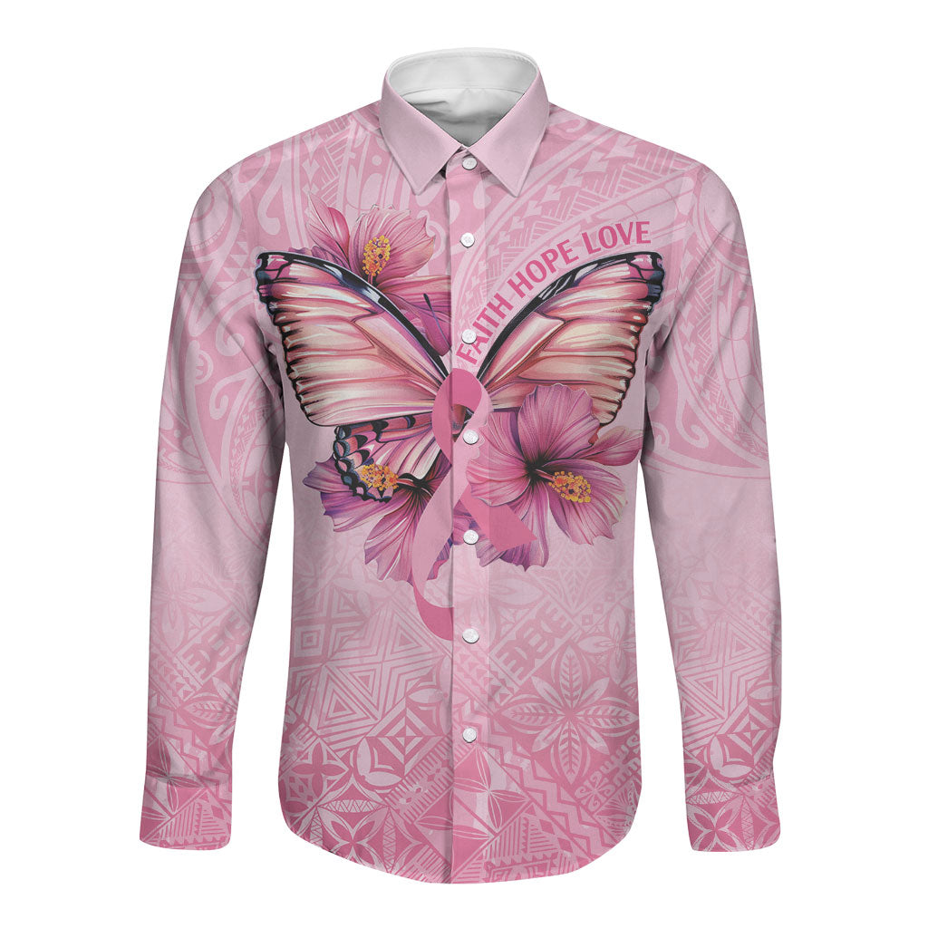 Faith Hope Love Butterfly Pink Ribbon Personalised Long Sleeve Button Shirt Polynesian Tribal Pattern