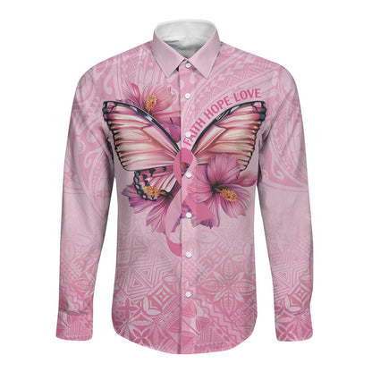 Faith Hope Love Butterfly Pink Ribbon Personalised Long Sleeve Button Shirt Polynesian Tribal Pattern