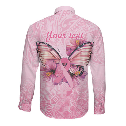 Faith Hope Love Butterfly Pink Ribbon Personalised Long Sleeve Button Shirt Polynesian Tribal Pattern