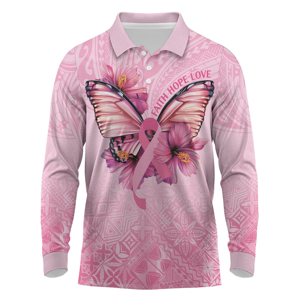 Faith Hope Love Butterfly Pink Ribbon Personalised Long Sleeve Polo Shirt Polynesian Tribal Pattern