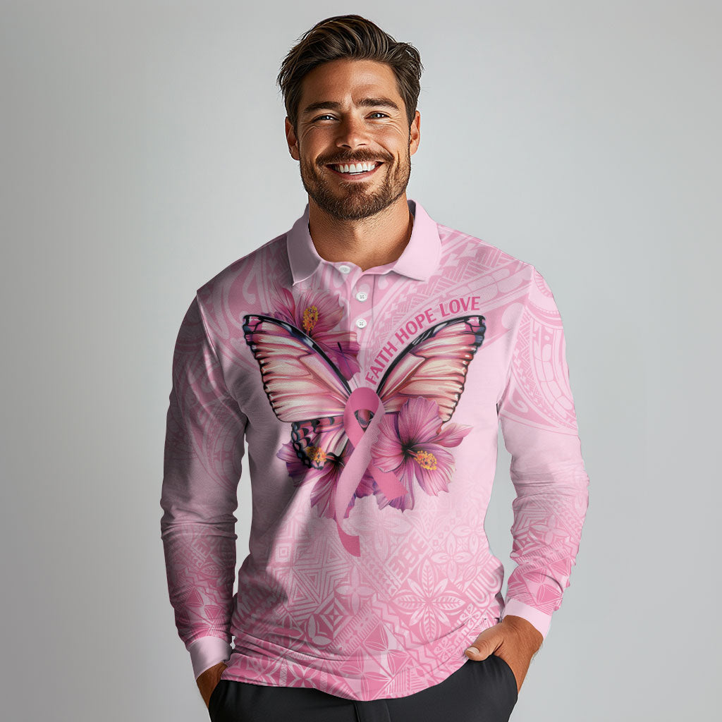 Faith Hope Love Butterfly Pink Ribbon Personalised Long Sleeve Polo Shirt Polynesian Tribal Pattern