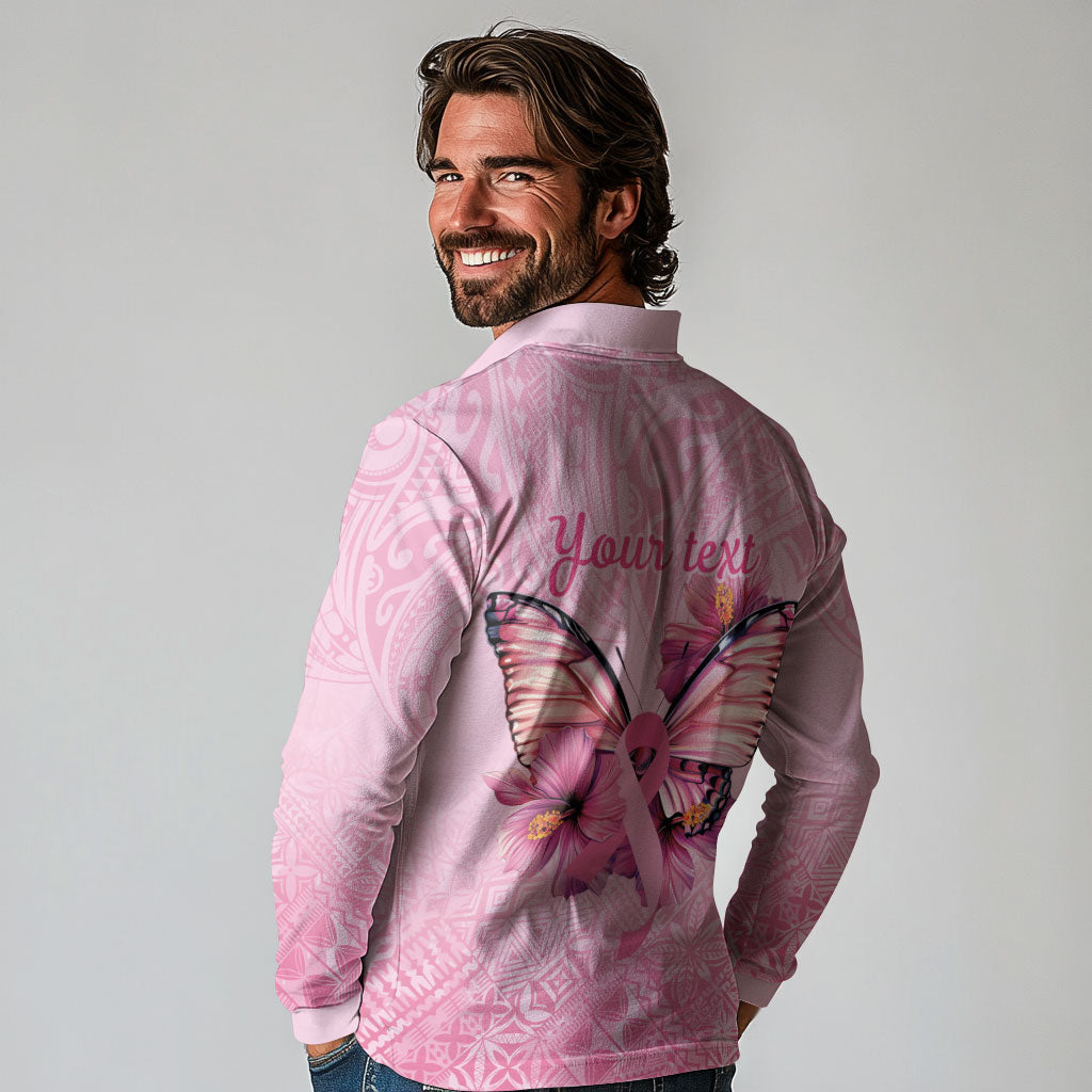 Faith Hope Love Butterfly Pink Ribbon Personalised Long Sleeve Polo Shirt Polynesian Tribal Pattern