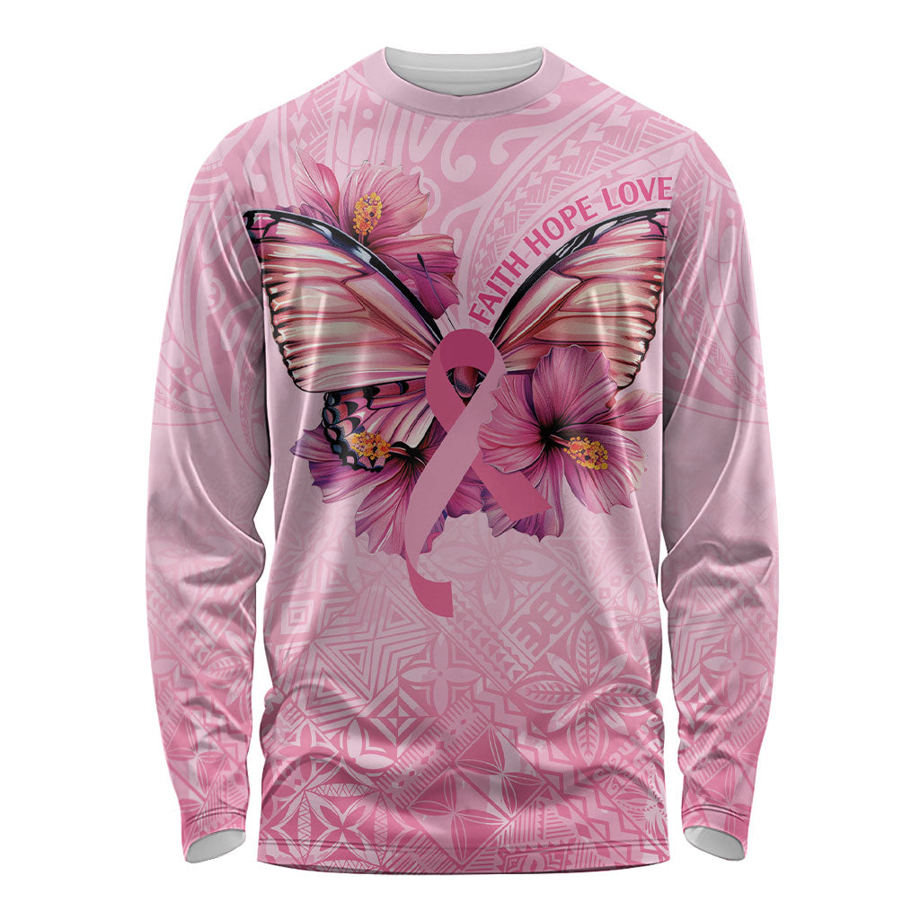 Faith Hope Love Butterfly Pink Ribbon Personalised Long Sleeve Shirt Polynesian Tribal Pattern