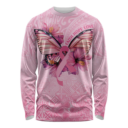 Faith Hope Love Butterfly Pink Ribbon Personalised Long Sleeve Shirt Polynesian Tribal Pattern