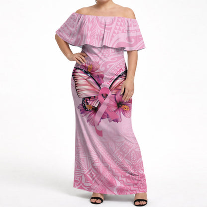 Faith Hope Love Butterfly Pink Ribbon Personalised Off Shoulder Maxi Dress Polynesian Tribal Pattern