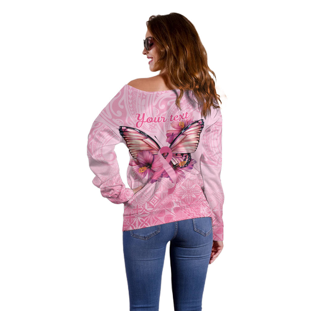 Faith Hope Love Butterfly Pink Ribbon Personalised Off Shoulder Sweater Polynesian Tribal Pattern