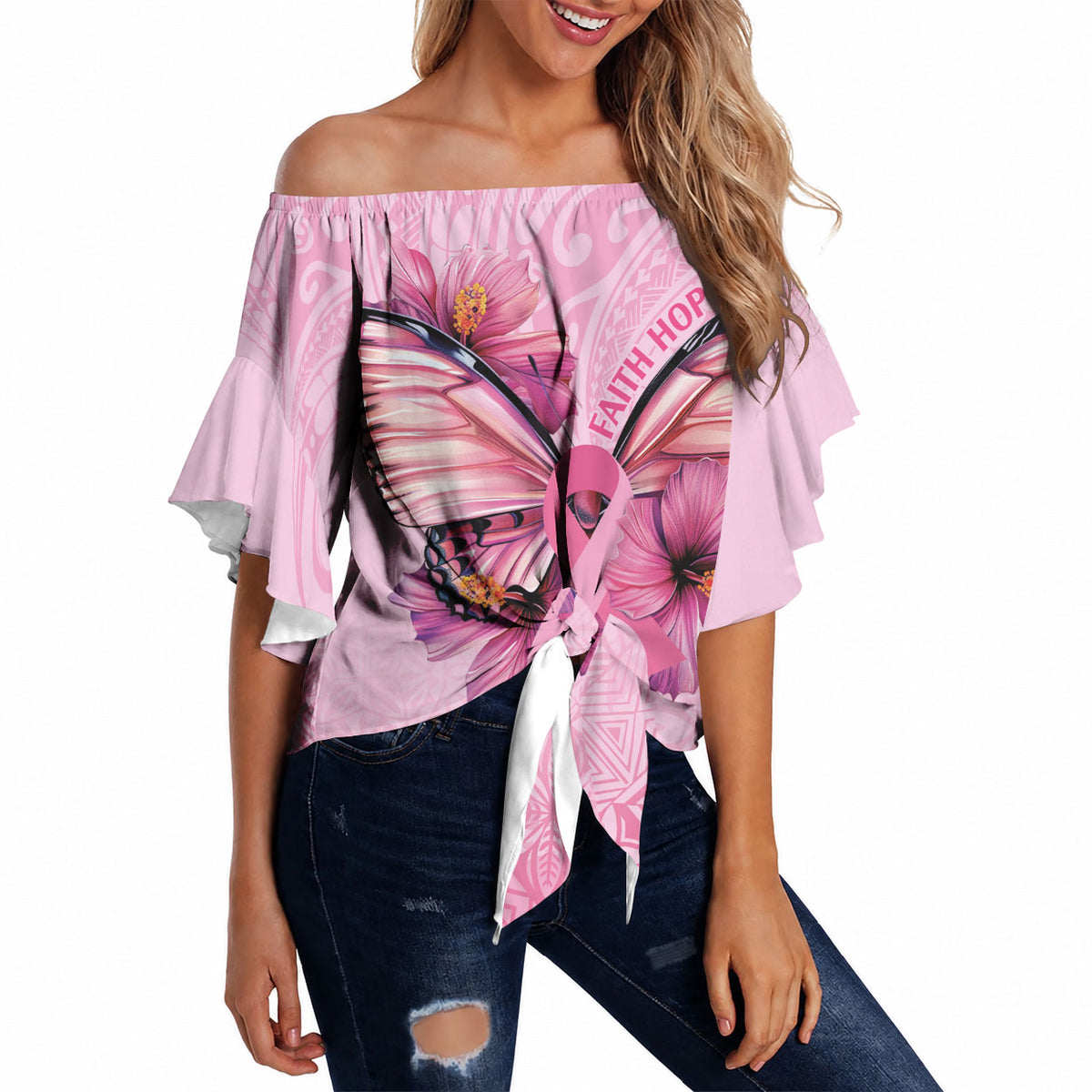 Faith Hope Love Butterfly Pink Ribbon Personalised Off Shoulder Wrap Waist Top Polynesian Tribal Pattern