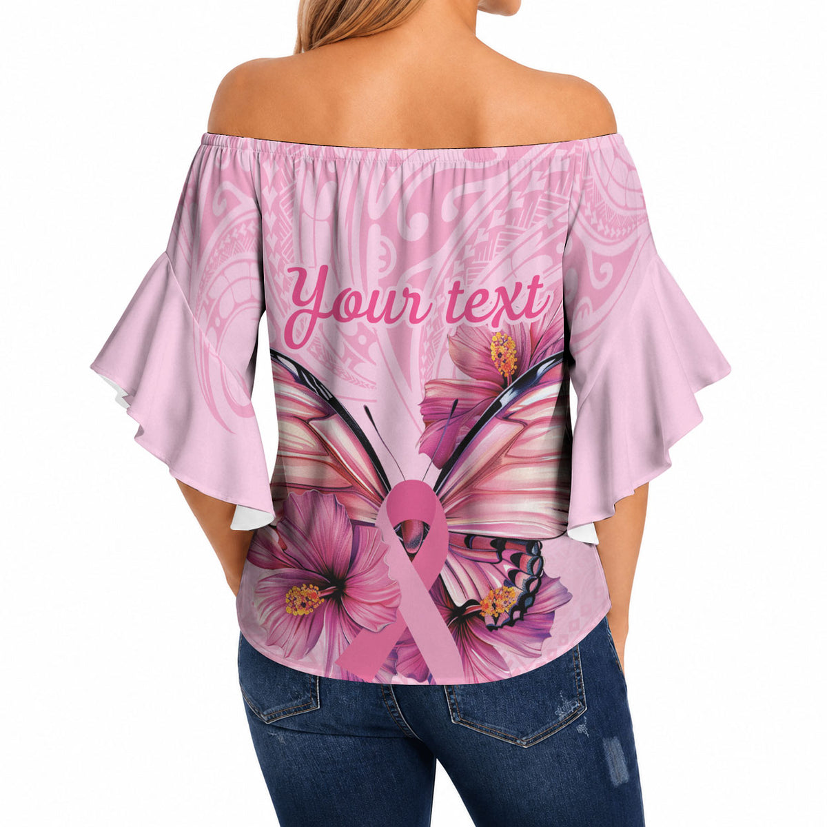 Faith Hope Love Butterfly Pink Ribbon Personalised Off Shoulder Wrap Waist Top Polynesian Tribal Pattern