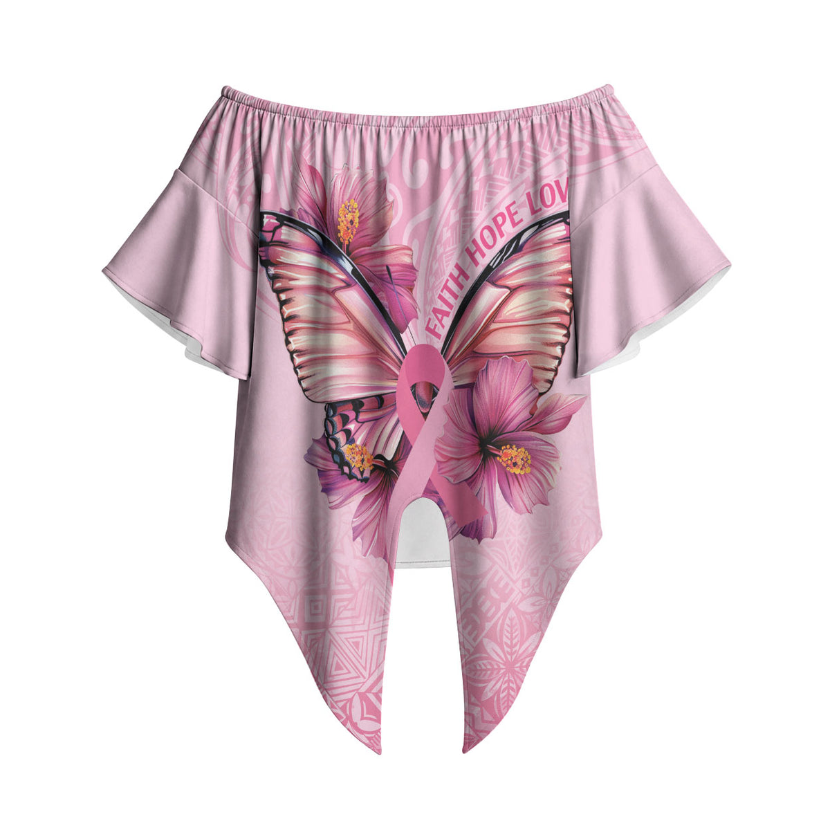 Faith Hope Love Butterfly Pink Ribbon Personalised Off Shoulder Wrap Waist Top Polynesian Tribal Pattern