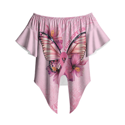 Faith Hope Love Butterfly Pink Ribbon Personalised Off Shoulder Wrap Waist Top Polynesian Tribal Pattern