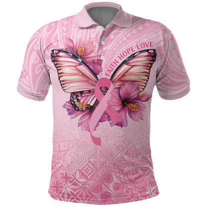 Faith Hope Love Butterfly Pink Ribbon Personalised Polo Shirt Polynesian Tribal Pattern