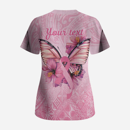Faith Hope Love Butterfly Pink Ribbon Personalised Scrub Top Polynesian Tribal Pattern