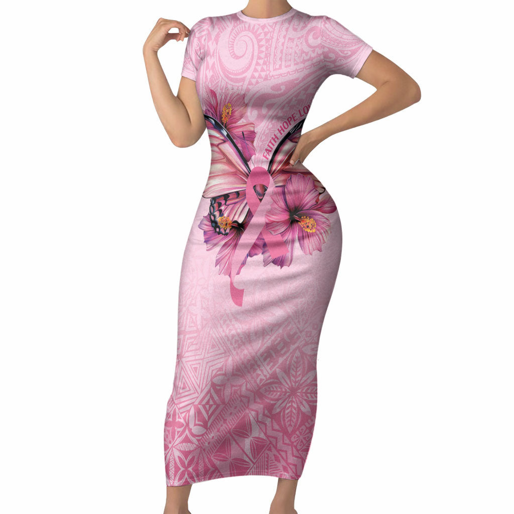 Faith Hope Love Butterfly Pink Ribbon Personalised Short Sleeve Bodycon Dress Polynesian Tribal Pattern