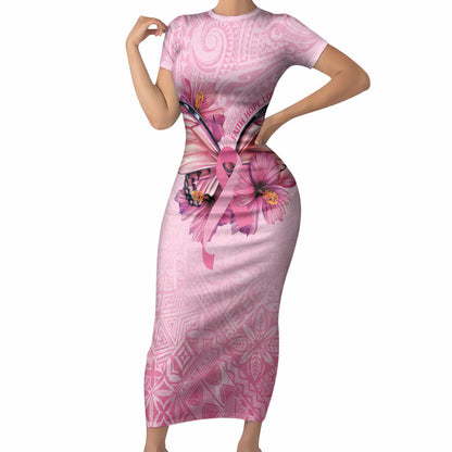 Faith Hope Love Butterfly Pink Ribbon Personalised Short Sleeve Bodycon Dress Polynesian Tribal Pattern
