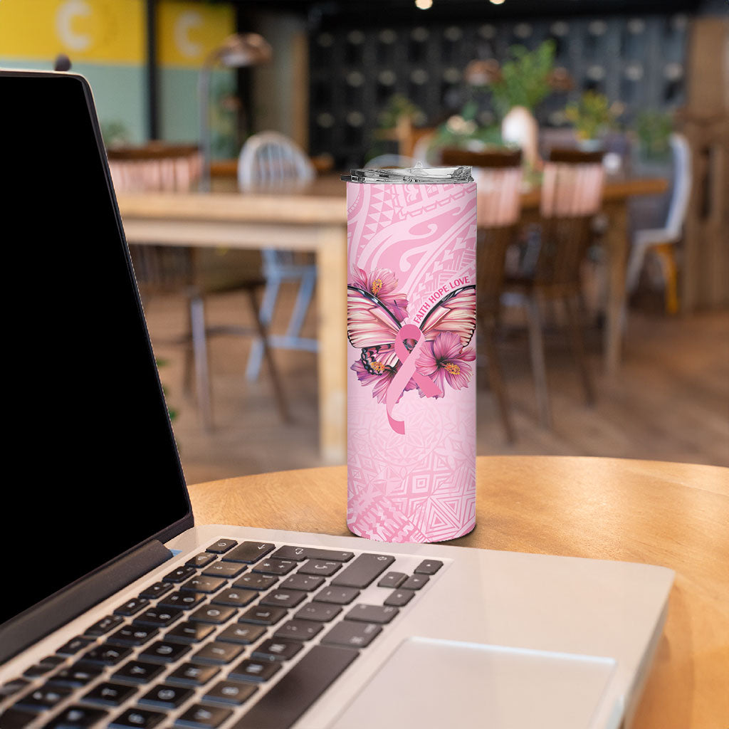 Faith Hope Love Butterfly Pink Ribbon Personalised Skinny Tumbler Polynesian Tribal Pattern
