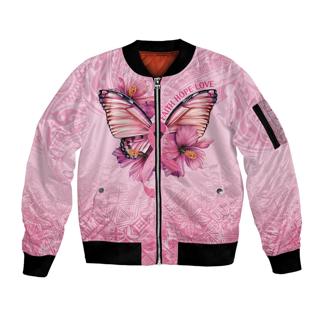 Faith Hope Love Butterfly Pink Ribbon Personalised Sleeve Zip Bomber Jacket Polynesian Tribal Pattern