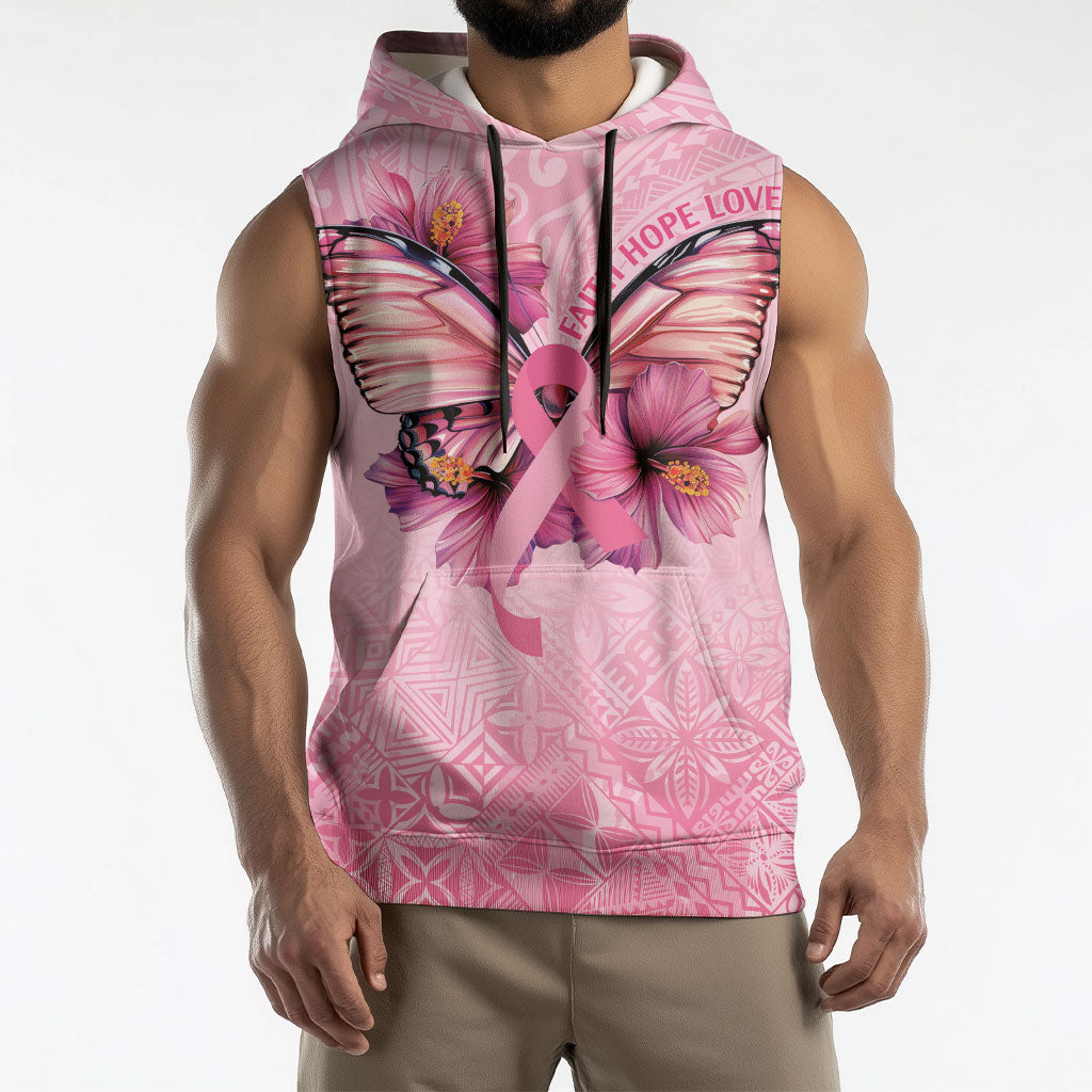 Faith Hope Love Butterfly Pink Ribbon Personalised Sleeveless Hoodie Polynesian Tribal Pattern