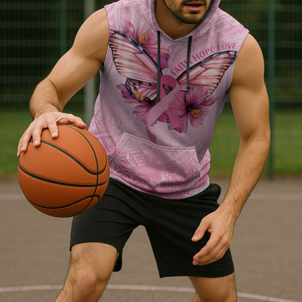 Faith Hope Love Butterfly Pink Ribbon Personalised Sleeveless Hoodie Polynesian Tribal Pattern