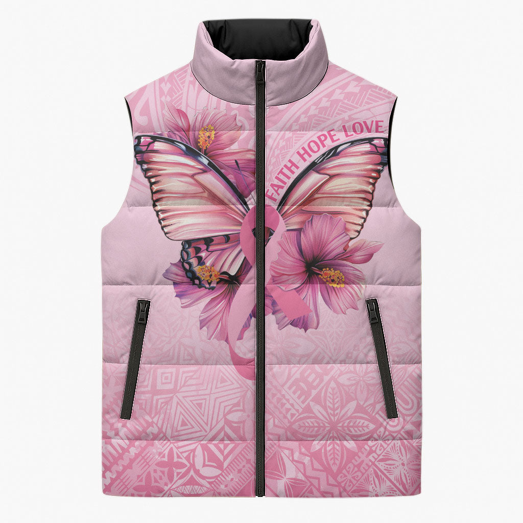 Faith Hope Love Butterfly Pink Ribbon Personalised Sleeveless Puffer Jacket Polynesian Tribal Pattern