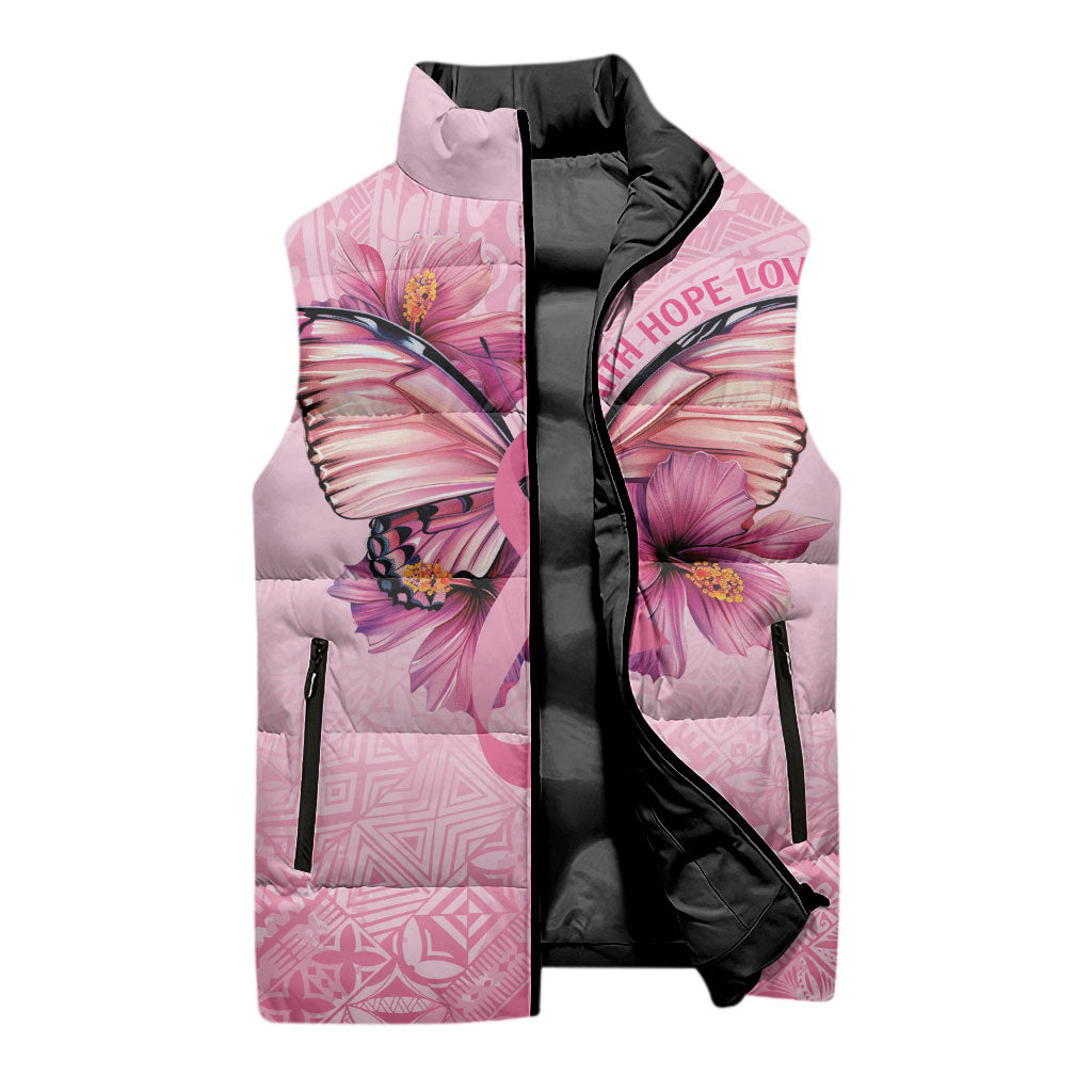 Faith Hope Love Butterfly Pink Ribbon Personalised Sleeveless Puffer Jacket Polynesian Tribal Pattern