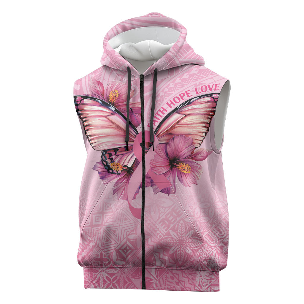 Faith Hope Love Butterfly Pink Ribbon Personalised Sleeveless Zip Hoodie Polynesian Tribal Pattern