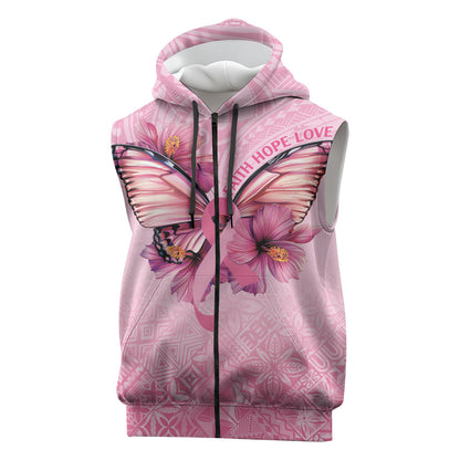 Faith Hope Love Butterfly Pink Ribbon Personalised Sleeveless Zip Hoodie Polynesian Tribal Pattern