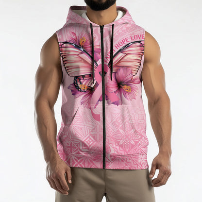 Faith Hope Love Butterfly Pink Ribbon Personalised Sleeveless Zip Hoodie Polynesian Tribal Pattern