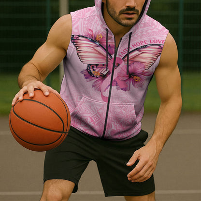 Faith Hope Love Butterfly Pink Ribbon Personalised Sleeveless Zip Hoodie Polynesian Tribal Pattern